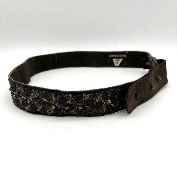 Vintage 00s Antik Batik Brown Genuine Leather Gold Sequins Rhinestone Belt 34\